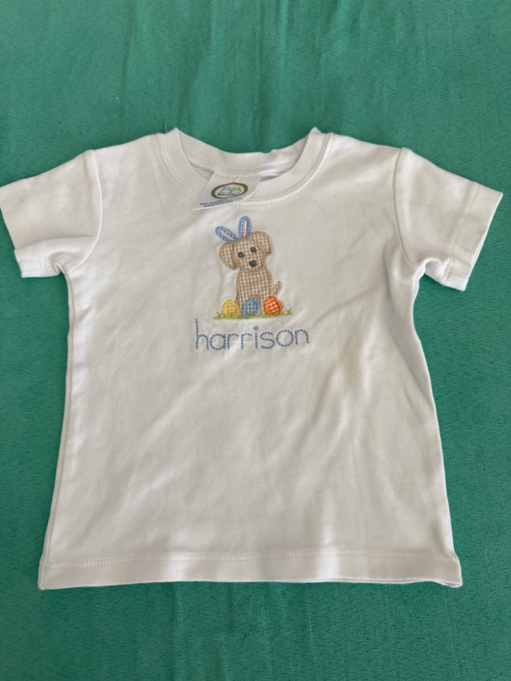 Personalized White Short Sleeve Tee with Bunny Embroidery